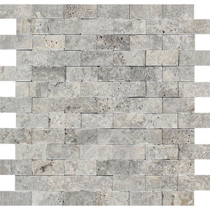1 x 2 Split-faced Silver Travertine Brick Mosaic Tile - Tilephile