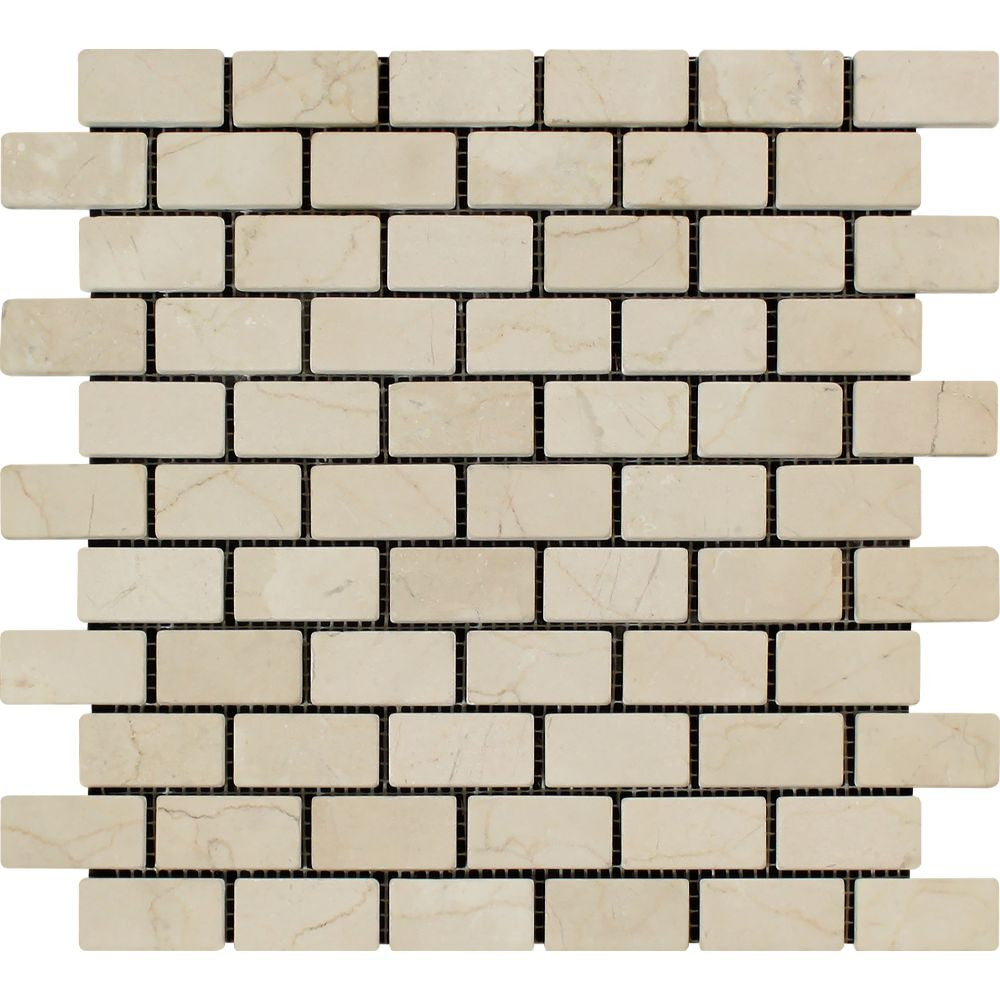 1 x 2 Tumbled Crema Marfil Marble Brick Mosaic Tile - Tilephile