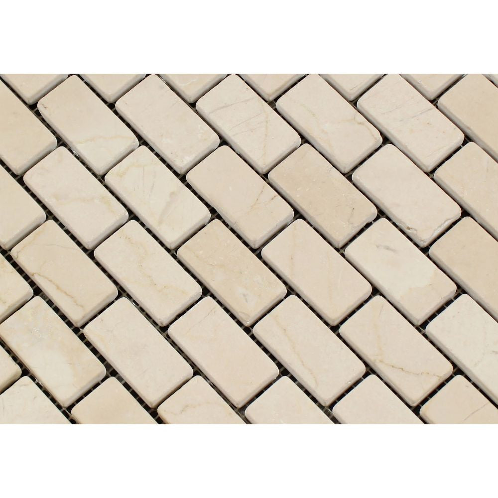 1 x 2 Tumbled Crema Marfil Marble Brick Mosaic Tile - Tilephile