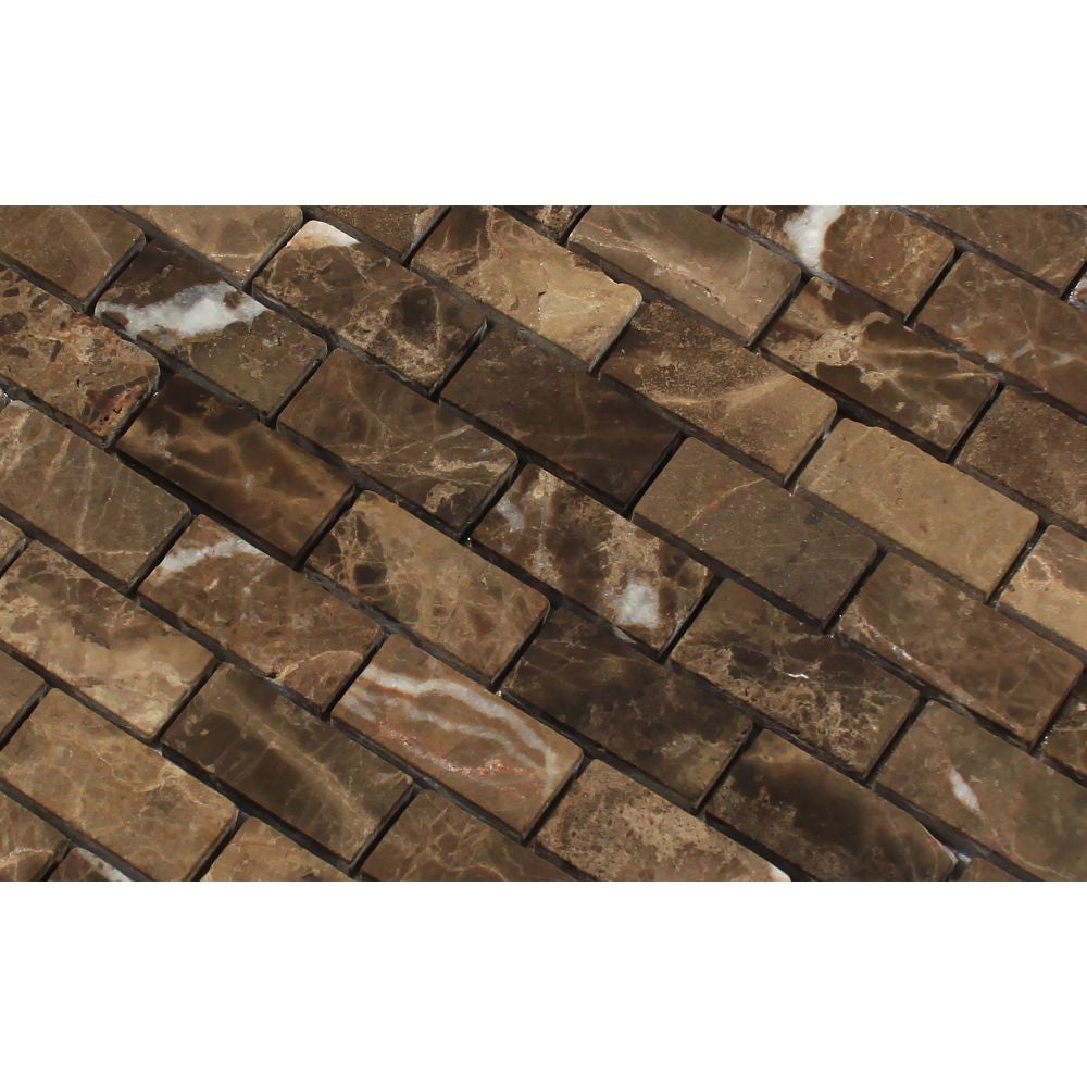 1 x 2 Tumbled Emperador Dark Marble Brick Mosaic Tile - Tilephile