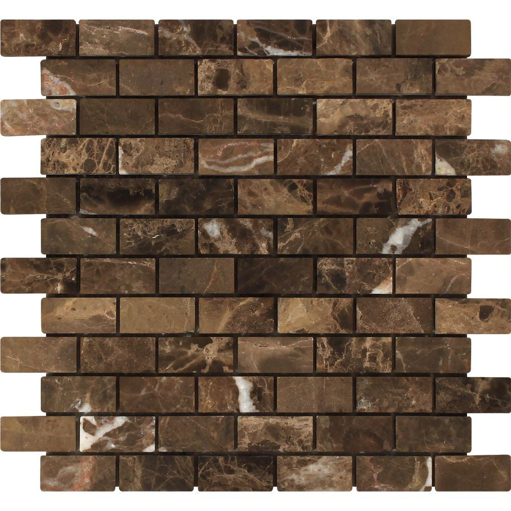 1 x 2 Tumbled Emperador Dark Marble Brick Mosaic Tile - Tilephile