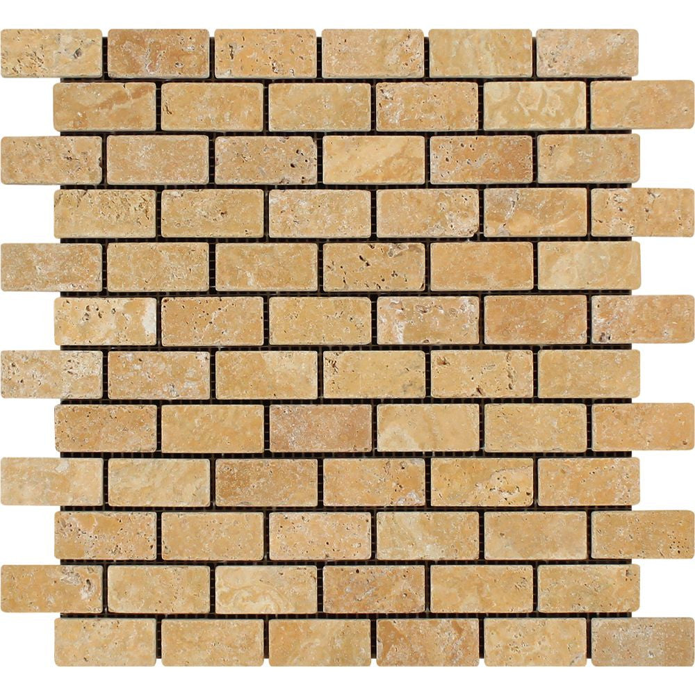 1 x 2 Tumbled Gold Travertine Brick Mosaic Tile Sample - Tilephile