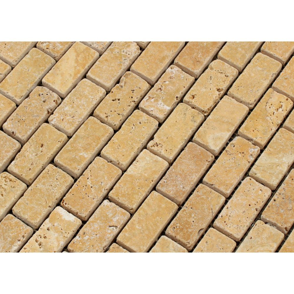 1 x 2 Tumbled Gold Travertine Brick Mosaic Tile - Tilephile