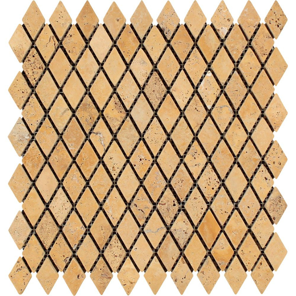1 x 2 Tumbled Gold Travertine Diamond Mosaic Tile - Tilephile