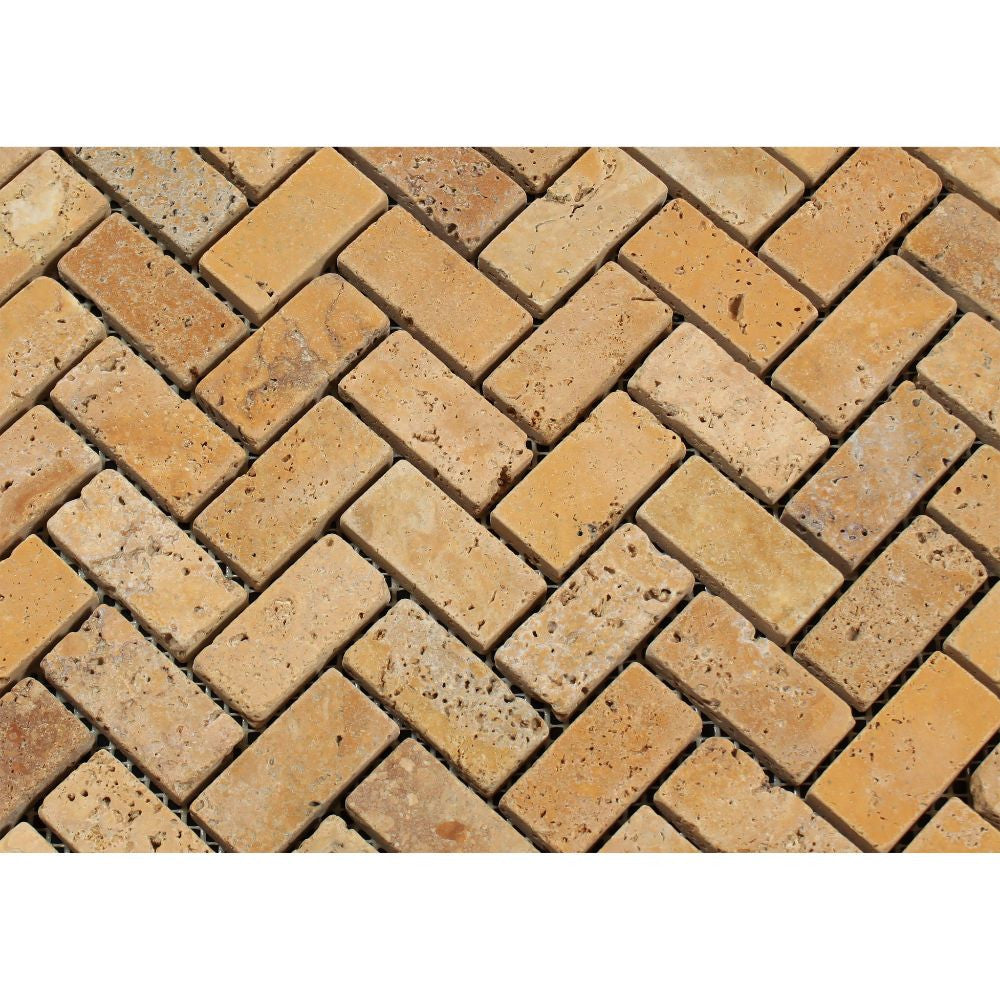 1 x 2 Tumbled Gold Travertine Herringbone Mosaic Tile - Tilephile