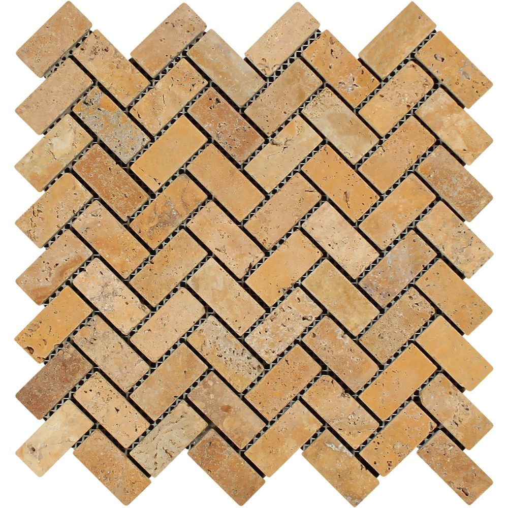 1 x 2 Tumbled Gold Travertine Herringbone Mosaic Tile - Tilephile