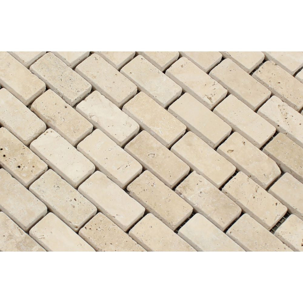 1 x 2 Tumbled Ivory Travertine Brick Mosaic Tile - Tilephile