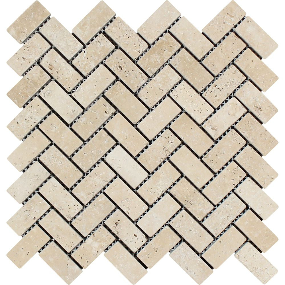 1 x 2 Tumbled Ivory Travertine Herringbone Mosaic Tile Sample - Tilephile