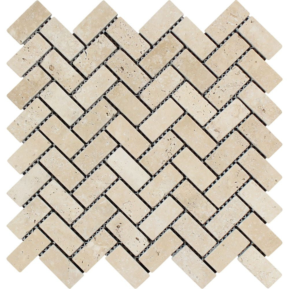 1 x 2 Tumbled Ivory Travertine Herringbone Mosaic Tile - Tilephile