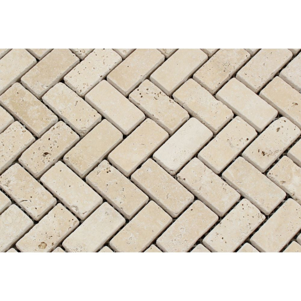 1 x 2 Tumbled Ivory Travertine Herringbone Mosaic Tile - Tilephile