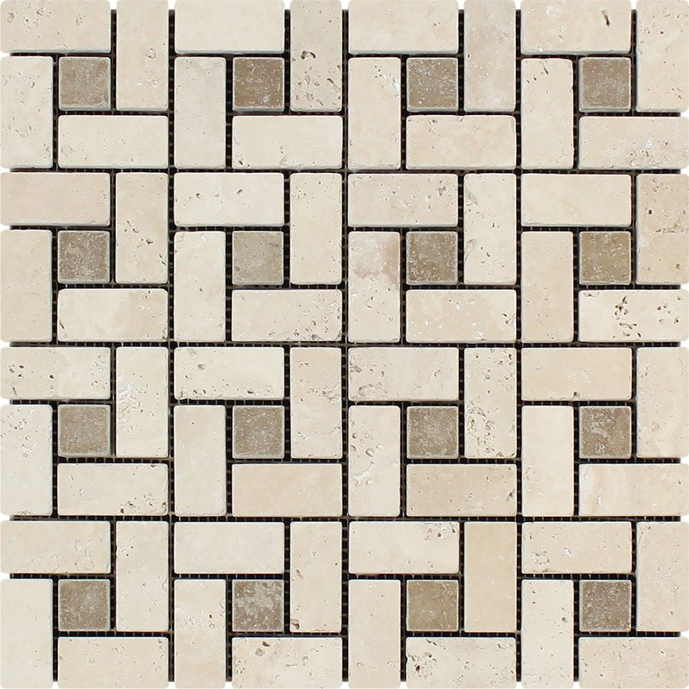 1 x 2 Tumbled Ivory Travertine Large Pinwheel Mosaic Tile w/ Noce Dots - Tilephile