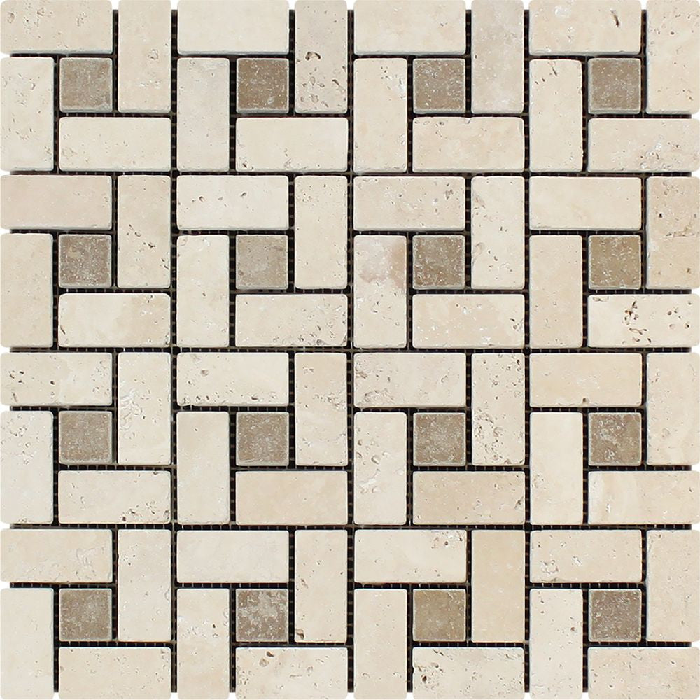 1 x 2 Tumbled Ivory Travertine Large Pinwheel Mosaic Tile w/ Noce Dots - Tilephile