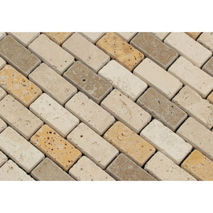 1 x 2 Tumbled Mixed Travertine Brick Mosaic Tile (Ivory + Noce + Gold) - Tilephile