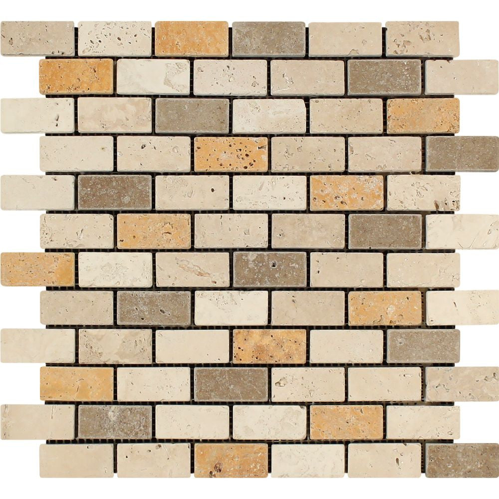 1 x 2 Tumbled Mixed Travertine Brick Mosaic Tile (Ivory + Noce + Gold) Sample - Tilephile
