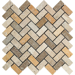 1 x 2 Tumbled Mixed Travertine Herringbone Mosaic Tile (Ivory + Noce + Gold) - Tilephile