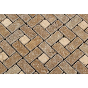 1 x 2 Tumbled Noce Travertine Large Pinwheel Mosaic Tile w/ Ivory Dots - Tilephile