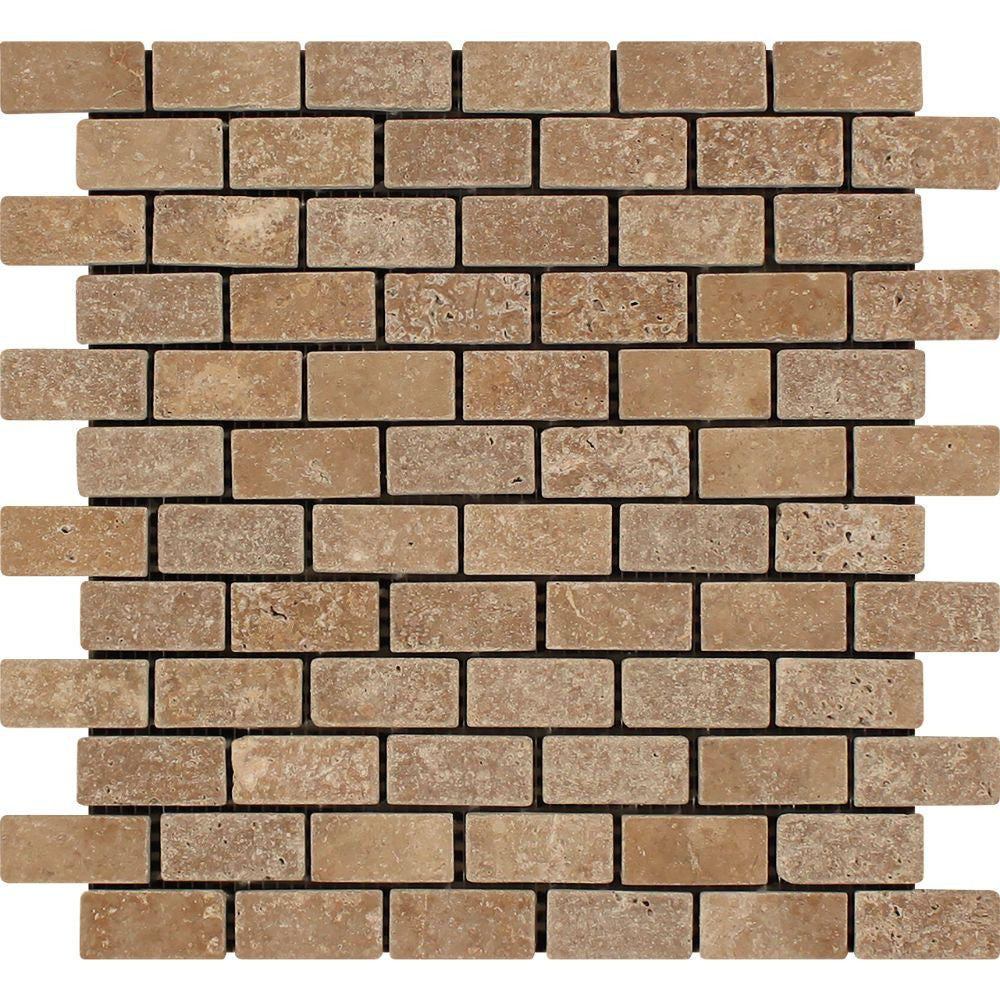 1 x 2 Tumbled Noce Travertine Brick Mosaic Tile Sample - Tilephile