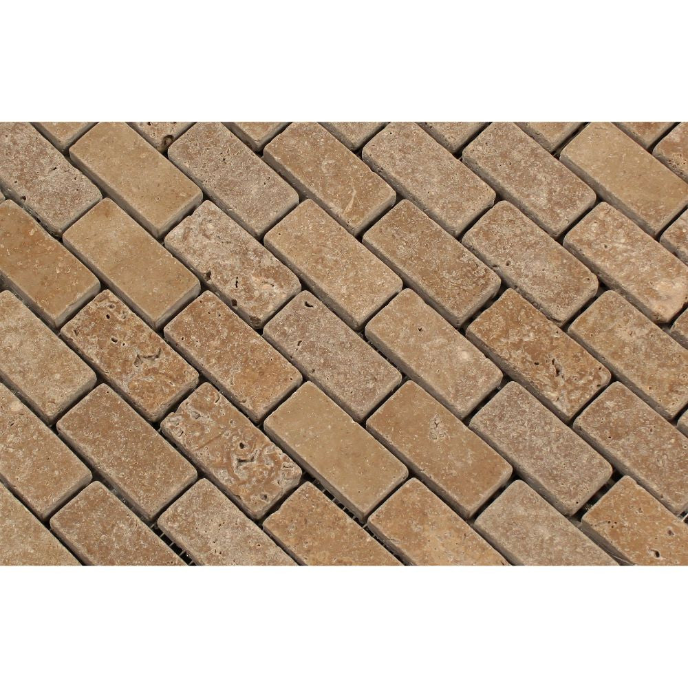 1 x 2 Tumbled Noce Travertine Brick Mosaic Tile - Tilephile