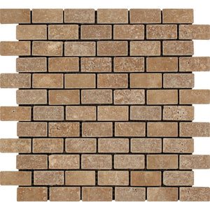 1 x 2 Tumbled Noce Travertine Brick Mosaic Tile - Tilephile