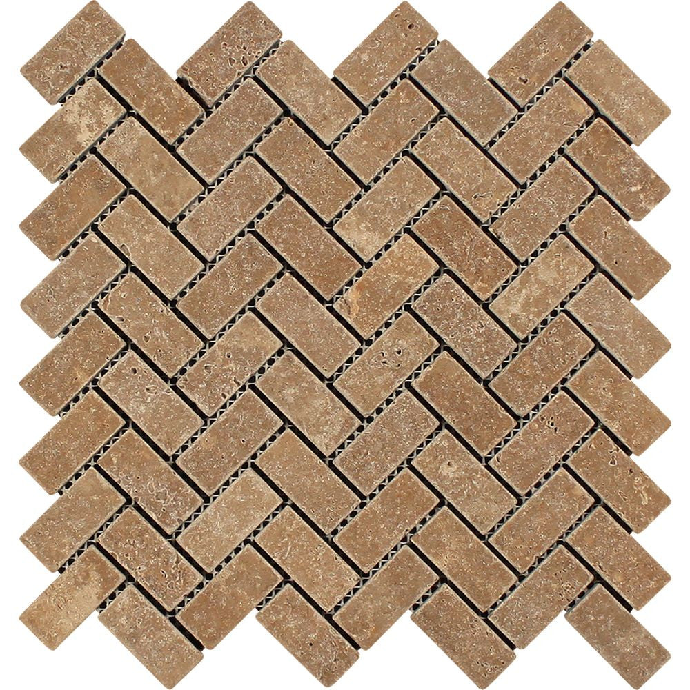 1 x 2 Tumbled Noce Travertine Herringbone Mosaic Tile Sample - Tilephile