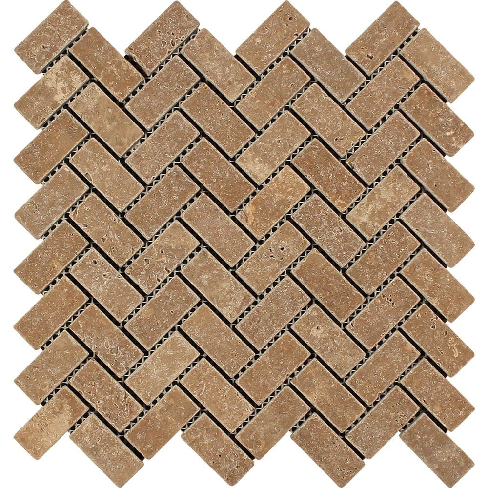 1 x 2 Tumbled Noce Travertine Herringbone Mosaic Tile - Tilephile