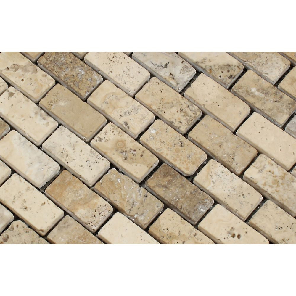 1 x 2 Tumbled Philadelphia Travertine Brick Mosaic Tile - Tilephile