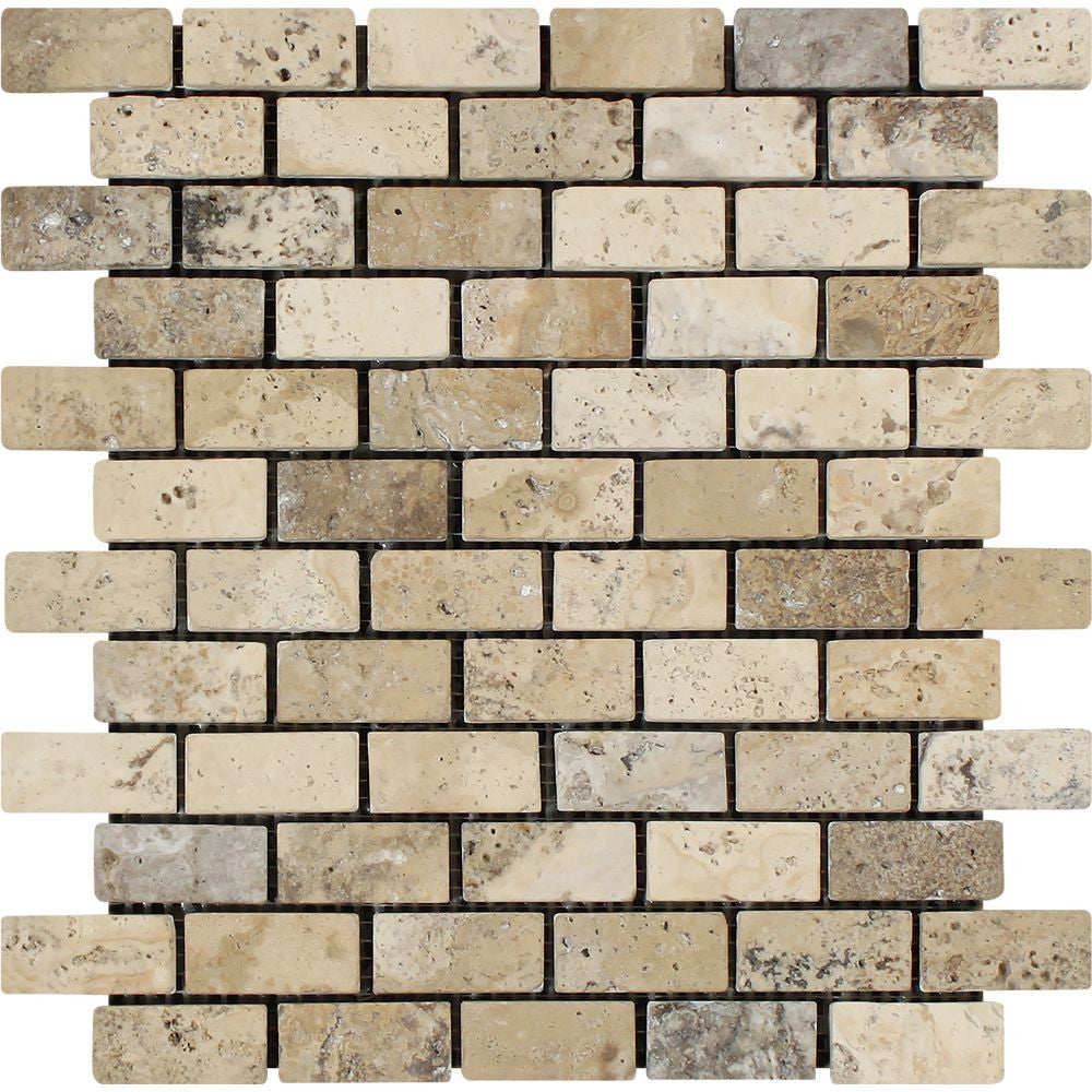 1 x 2 Tumbled Philadelphia Travertine Brick Mosaic Tile - Tilephile