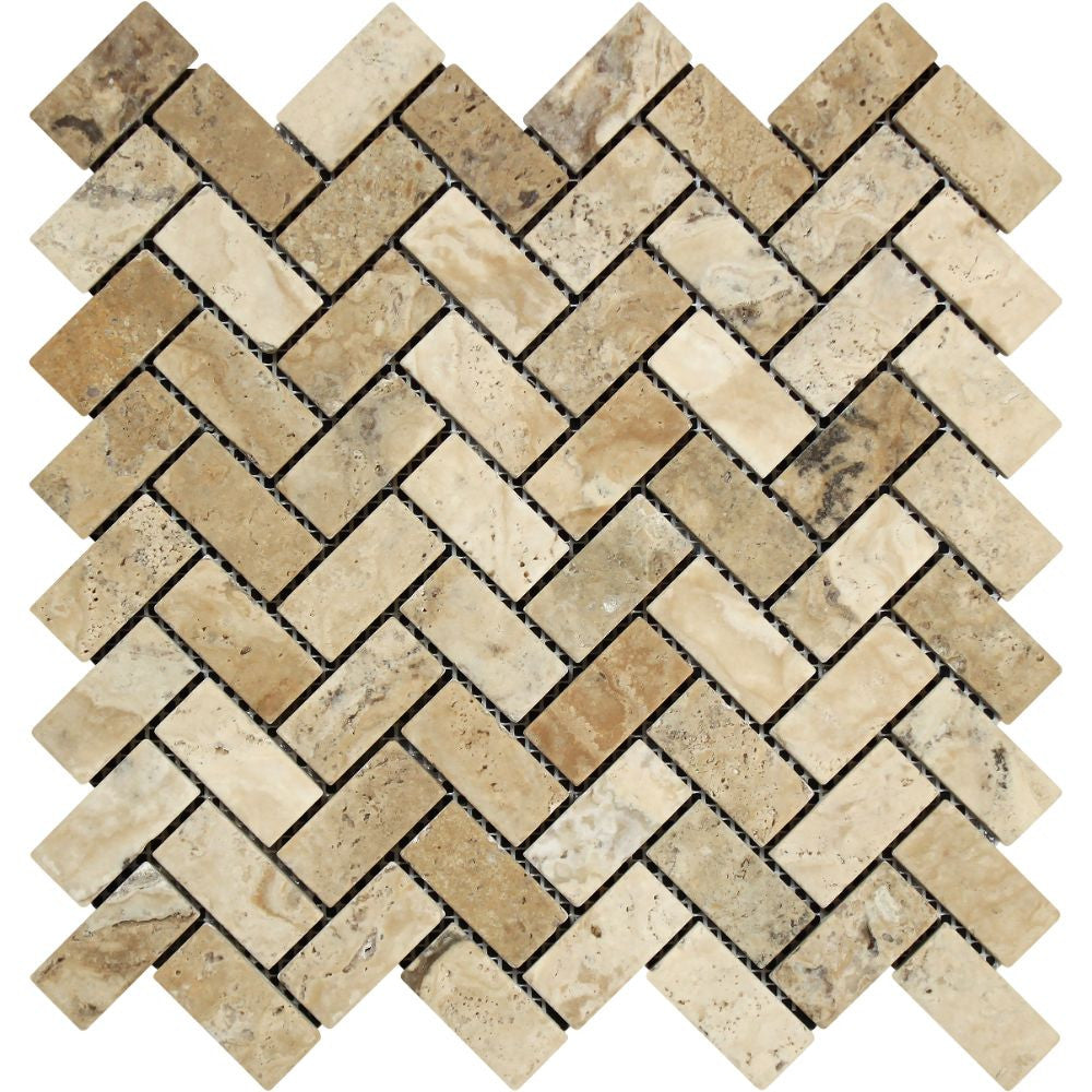 1 x 2 Tumbled Philadelphia Travertine Herringbone Mosaic Tile Sample - Tilephile