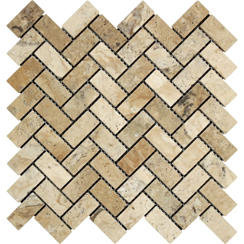 1 x 2 Tumbled Philadelphia Travertine Herringbone Mosaic Tile - Tilephile