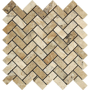 1 x 2 Tumbled Philadelphia Travertine Herringbone Mosaic Tile - Tilephile