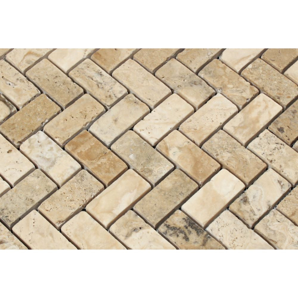 1 x 2 Tumbled Philadelphia Travertine Herringbone Mosaic Tile - Tilephile