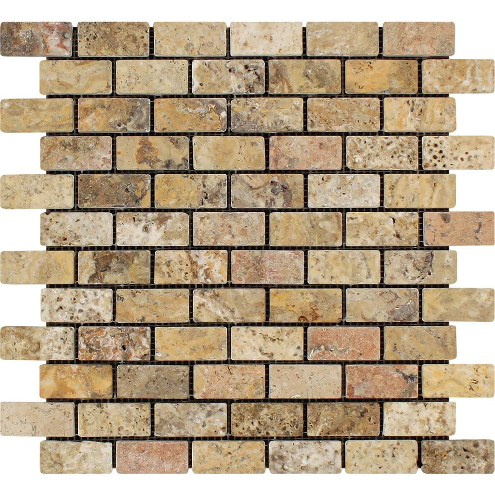1 x 2 Tumbled Scabos Travertine Brick Mosaic Tile - Tilephile