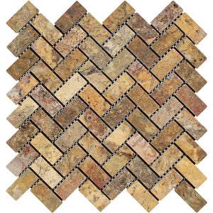 1 x 2 Tumbled Scabos Travertine Herringbone Mosaic Tile - Tilephile