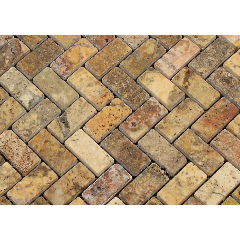 1 x 2 Tumbled Scabos Travertine Herringbone Mosaic Tile - Tilephile