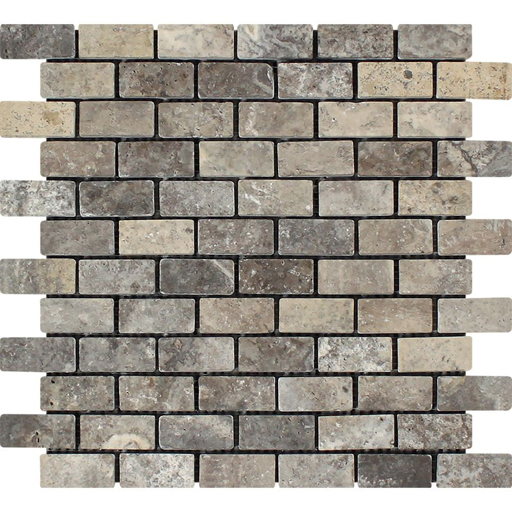 1 x 2 Tumbled Silver Travertine Brick Mosaic Tile - Tilephile