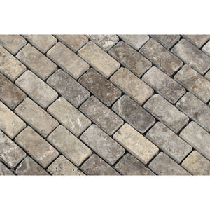 1 x 2 Tumbled Silver Travertine Brick Mosaic Tile - Tilephile