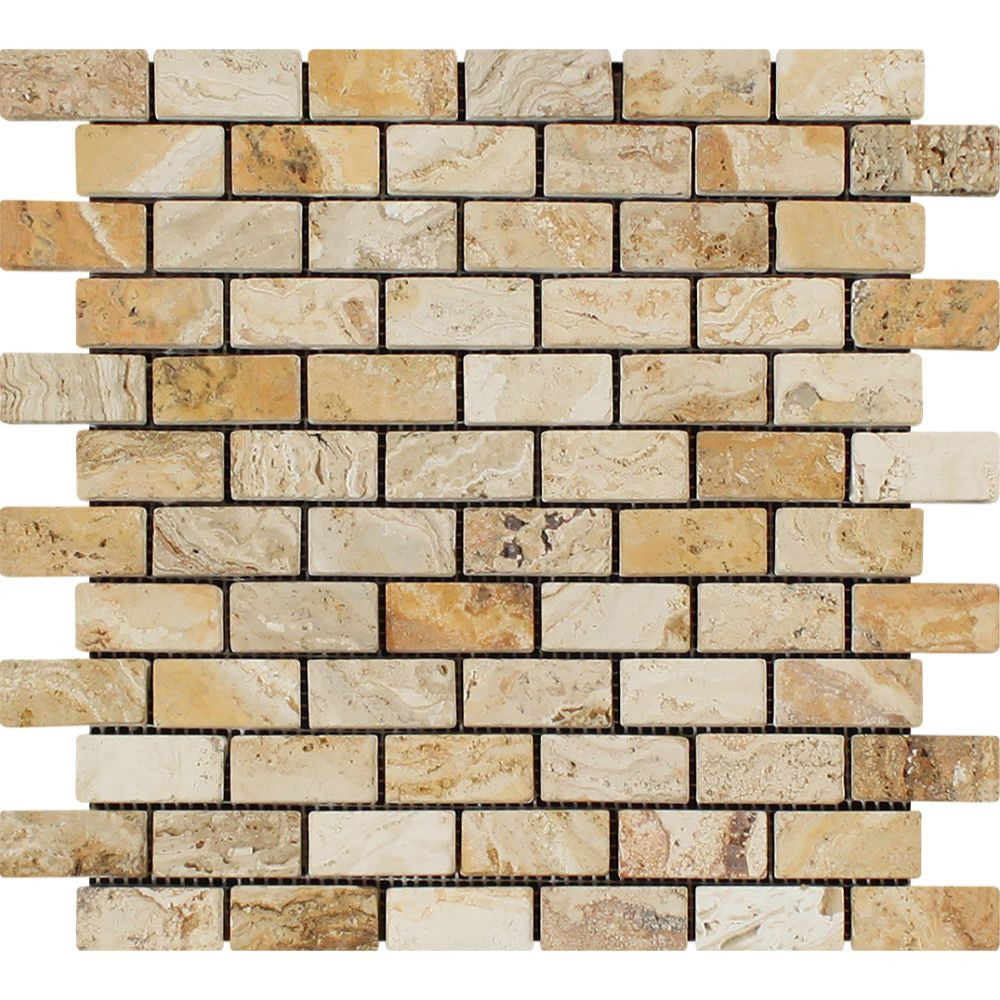 1 x 2 Tumbled Valencia Travertine Brick Mosaic Tile - Tilephile