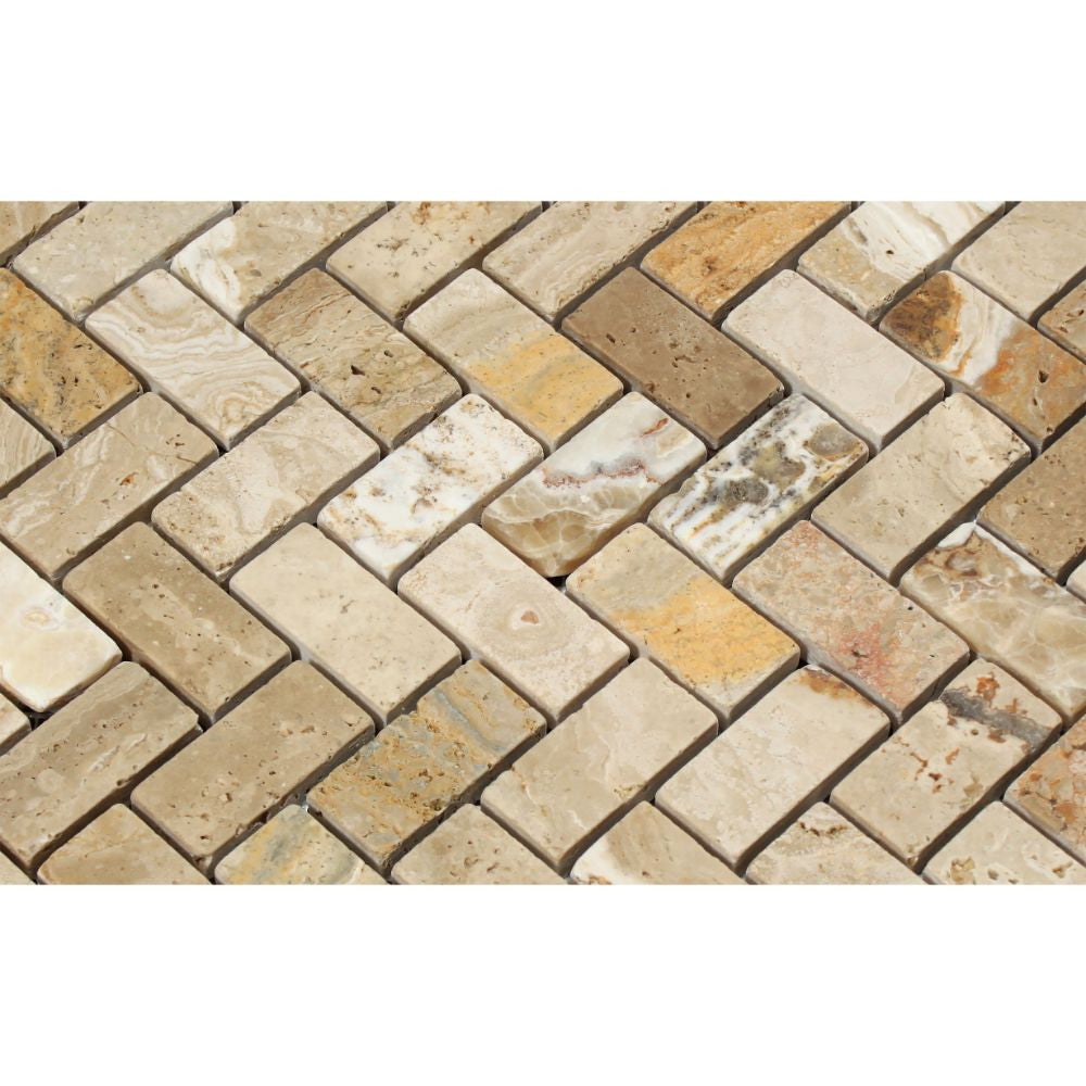 1 x 2 Tumbled Valencia Travertine Herringbone Mosaic Tile - Tilephile