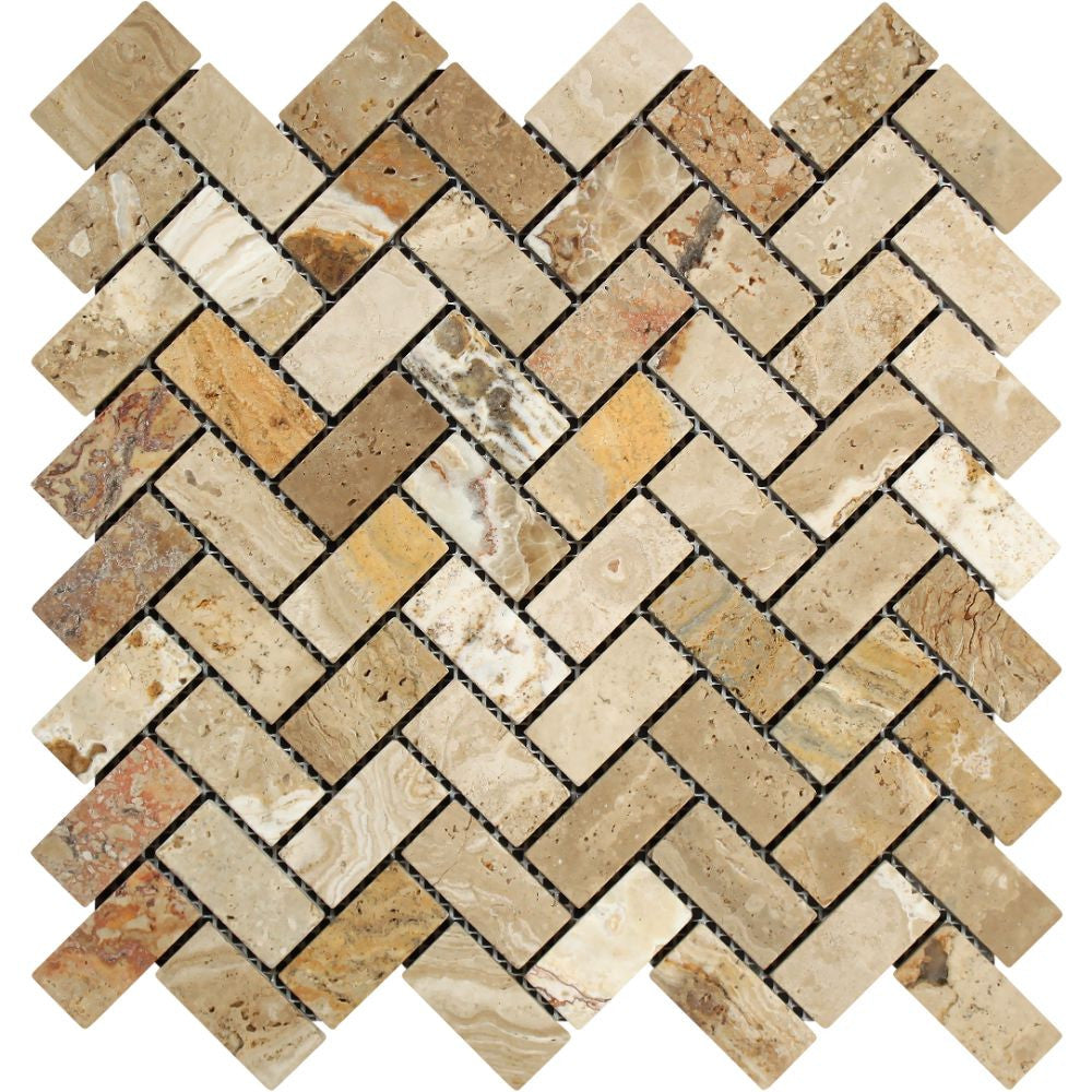 1 x 2 Tumbled Valencia Travertine Herringbone Mosaic Tile - Tilephile