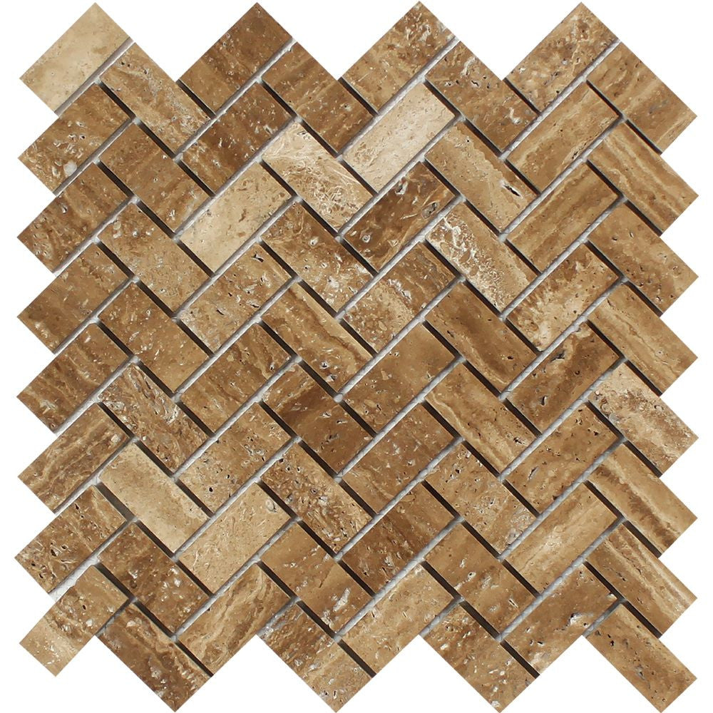 1 x 2 Unfilled, Brushed Noce Exotic (Vein-Cut) Travertine Herringbone Mosaic Tile Sample - Tilephile