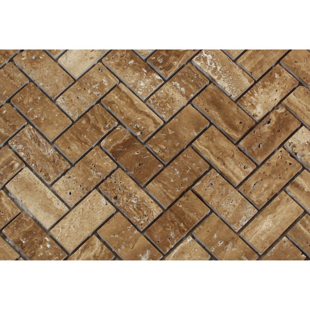 1 x 2 Unfilled, Brushed Noce Exotic (Vein-Cut) Travertine Herringbone Mosaic Tile - Tilephile