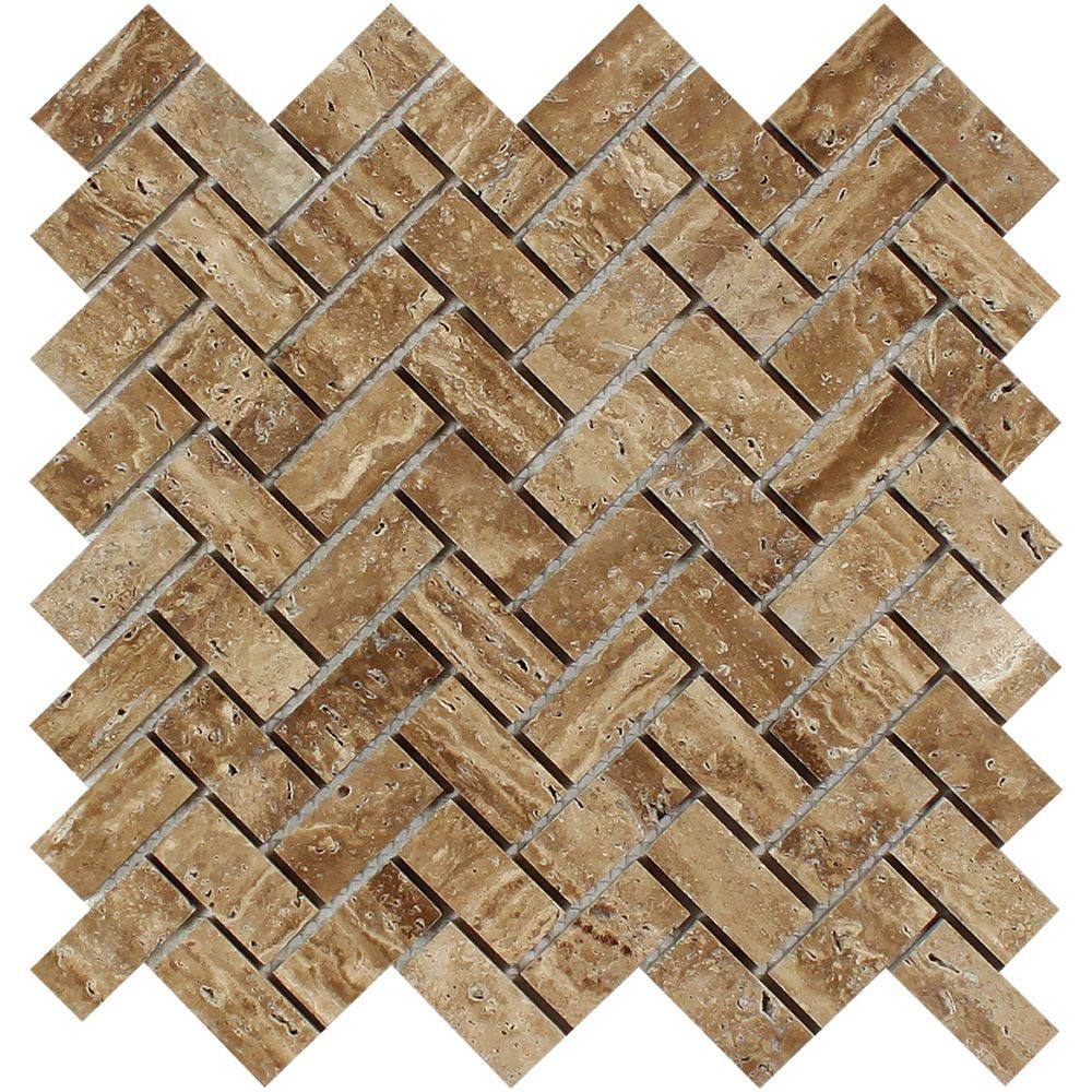 1 x 2 Unfilled, Polished Noce Exotic (Vein-Cut) Travertine Herringbone Mosaic Tile Sample - Tilephile