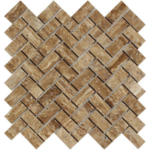 1 x 2 Unfilled, Polished Noce Exotic (Vein-Cut) Travertine Herringbone Mosaic Tile - Tilephile