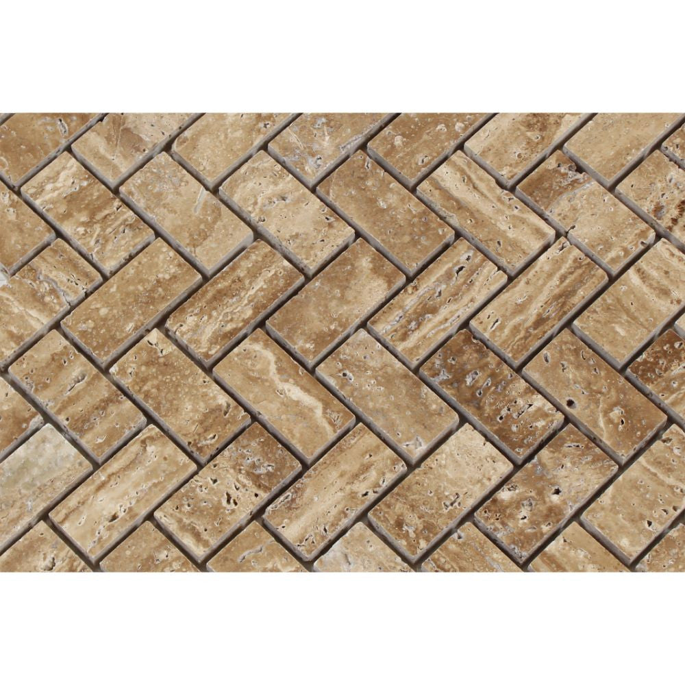 1 x 2 Unfilled, Polished Noce Exotic (Vein-Cut) Travertine Herringbone Mosaic Tile - Tilephile