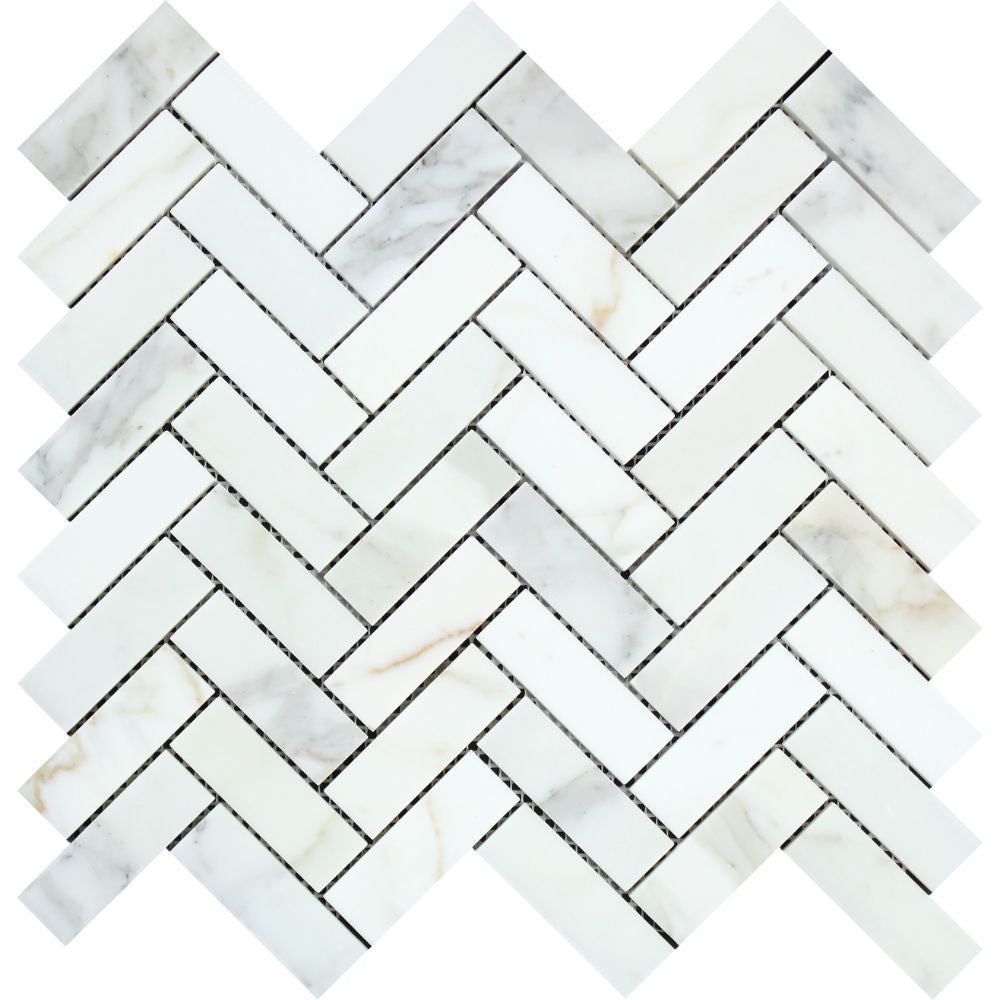 1 x 3 Honed Calacatta Gold Marble Herringbone Mosaic Tile Sample - Tilephile