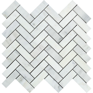 1 x 3 Polished Oriental White Marble Herringbone Mosaic Tile - Tilephile