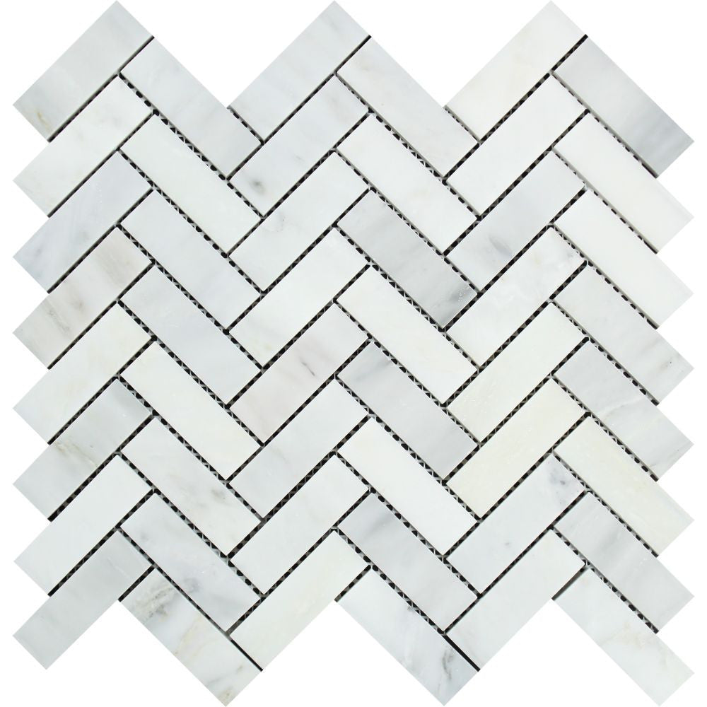 1 x 3 Honed Oriental White Marble Herringbone Mosaic Tile - Tilephile