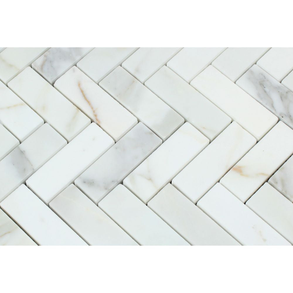 1 x 3 Polished Calacatta Gold Marble Herringbone Mosaic Tile - Tilephile