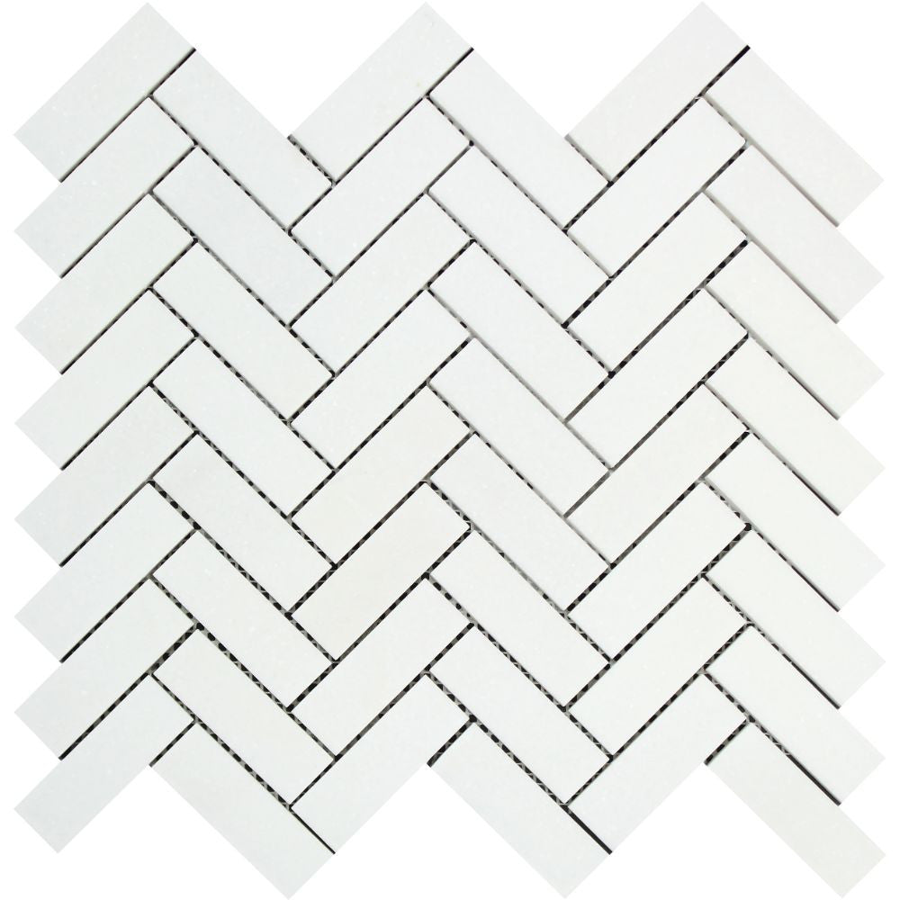 1 x 3 Polished Thassos White Marble Herringbone Mosaic Tile Sample - Tilephile