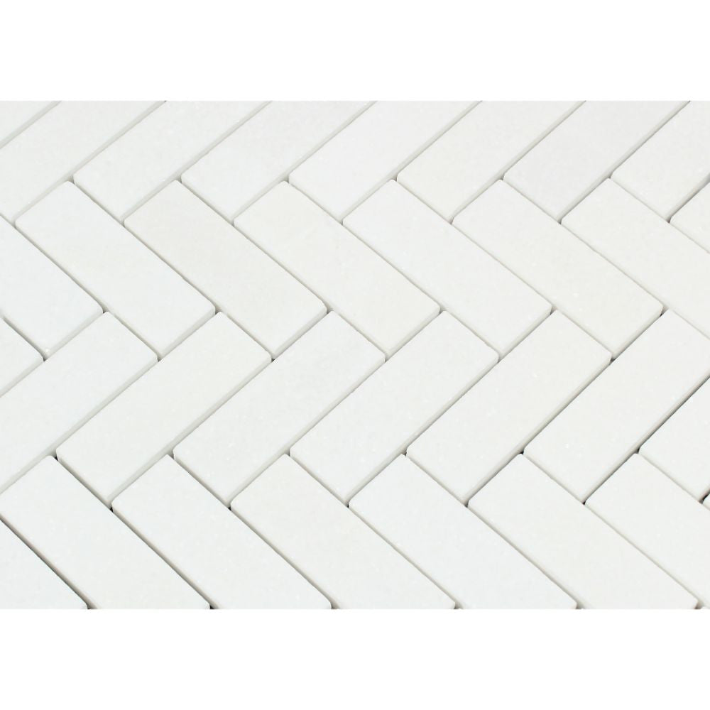 1 x 3 Polished Thassos White Marble Herringbone Mosaic Tile - Tilephile
